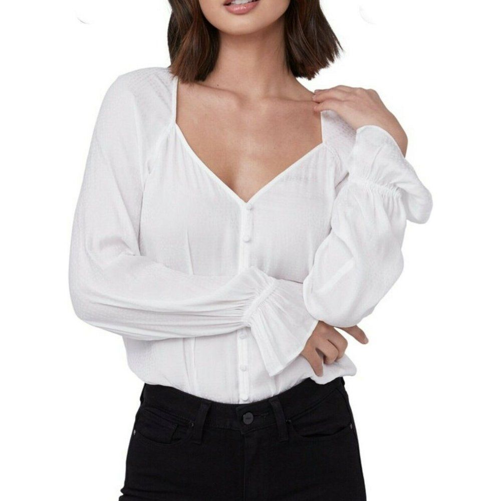 NWT PAIGE White Bell Sleeve Bodysuit Blouse Delanie Button Down